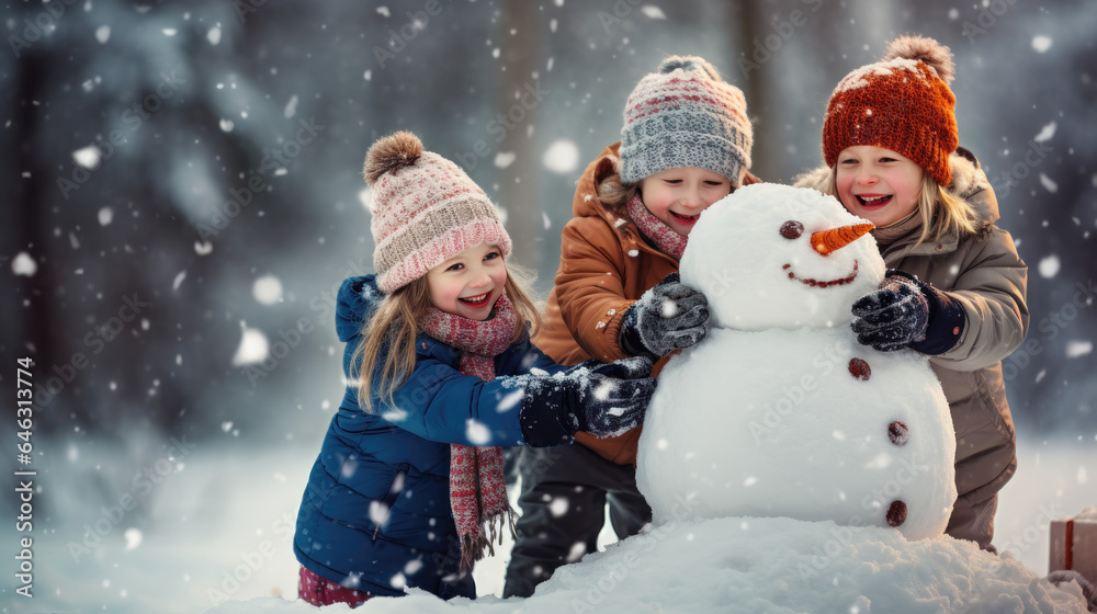 Children build snowman in falling snow